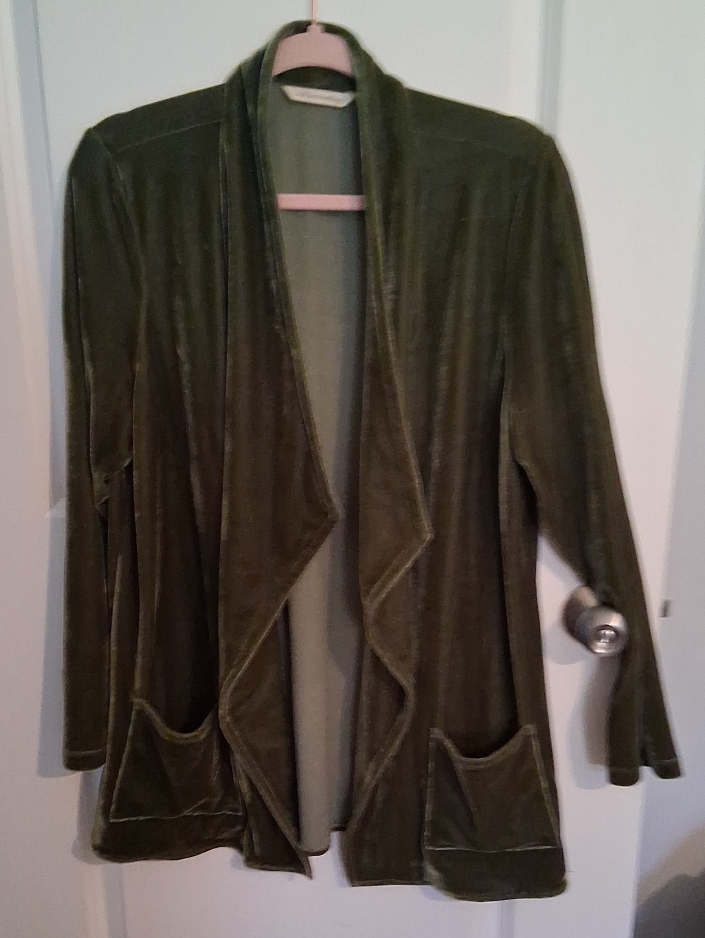 Soft Surroundings Olive Green Velvet Cardigan with Pink Hanger Accent